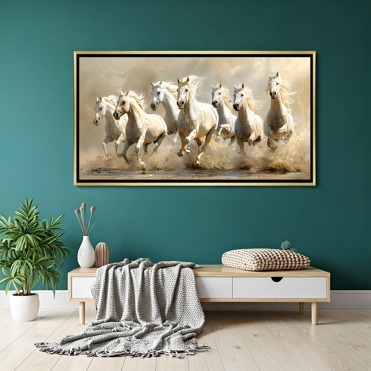 Seven white horses beige canvas wall art in golden floater frame luxury Vastu decor India