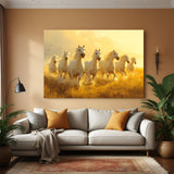 Seven white horses running in golden field canvas wrap wall art Vastu painting for living room decor India