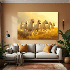 Seven white horses running in golden field canvas wrap wall art Vastu painting for living room decor India