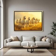 Seven white horses golden field canvas wall art in golden floater frame luxury Vastu decor India