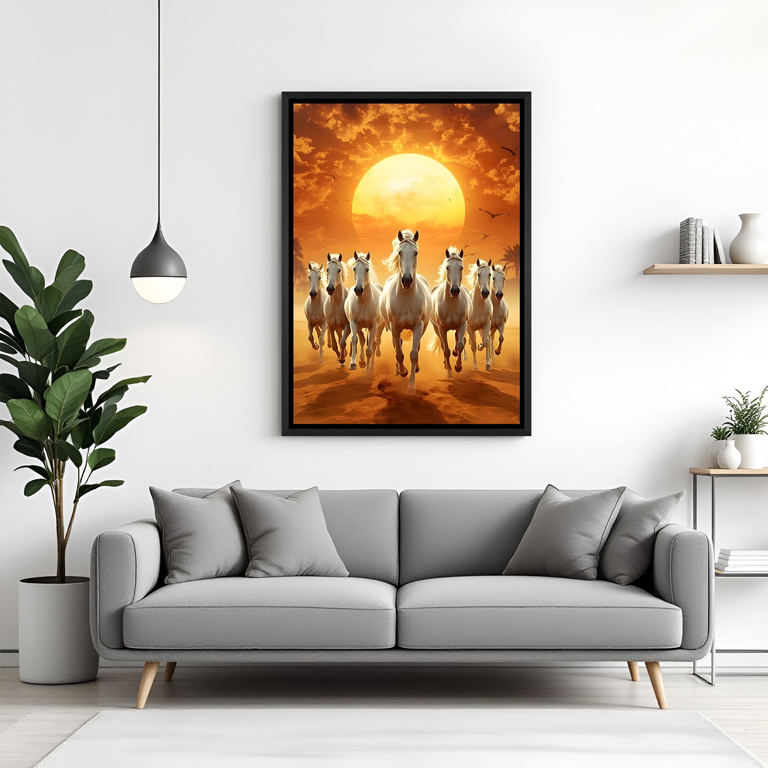 Seven white horses sunset portrait painting in black floater frame modern canvas wall art India