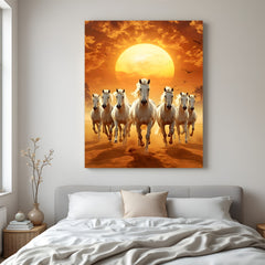 Seven white horses sunset portrait canvas wrap wall art Vastu running horses painting for bedroom decor India