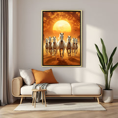 Seven white horses sunset portrait canvas wall art in golden floater frame luxury Vastu decor India