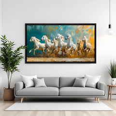 Seven white horses modern abstract painting in black floater frame