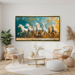 Premium seven white horses teal gold wall art in luxury golden frame