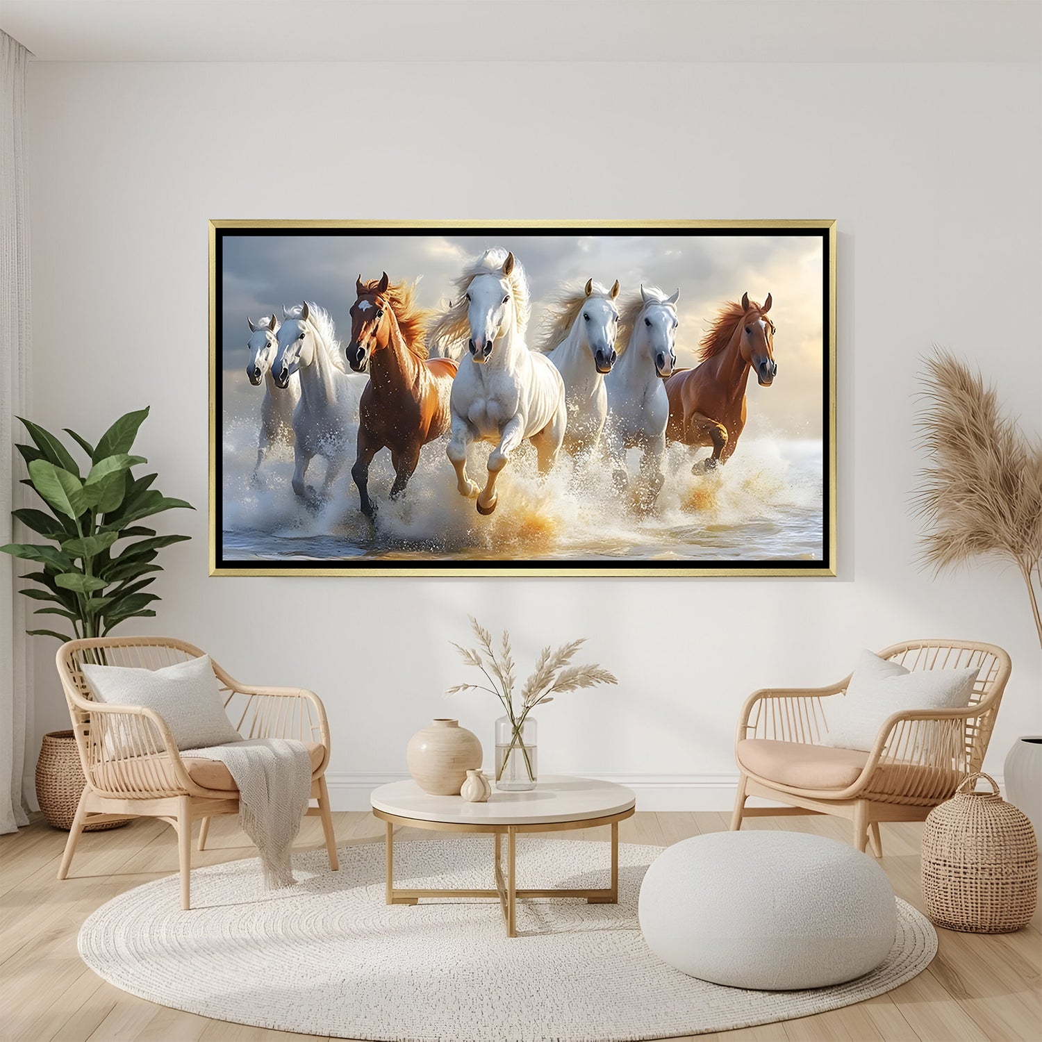 Seven white horses running in water canvas wall art in golden floater frame luxury Vastu decor India
