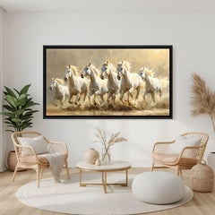 Seven white horses running painting in black floater frame panoramic canvas wall art for modern home decor India