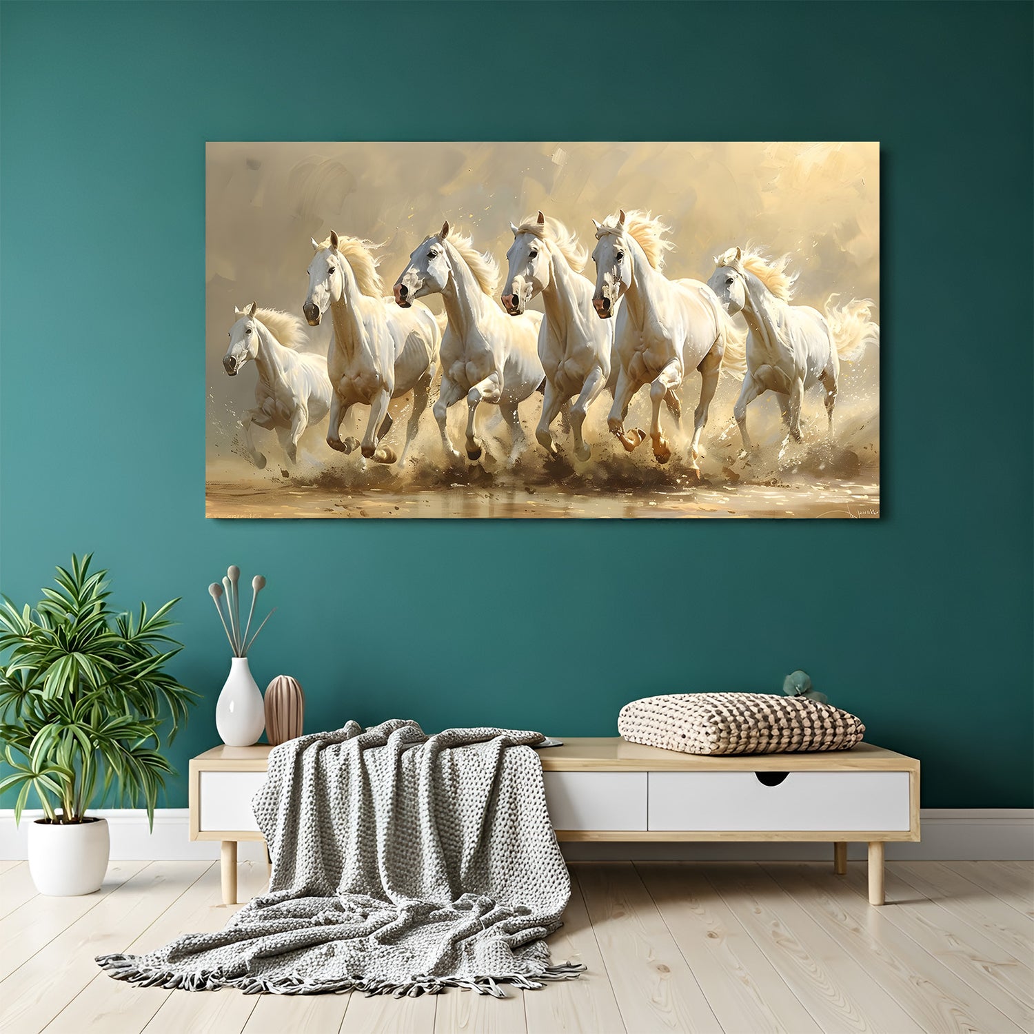 Seven white running horses canvas wrap wall art with beige background Vastu horse painting for home decor India