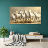 Seven white running horses canvas wrap wall art with beige background Vastu horse painting for home decor India