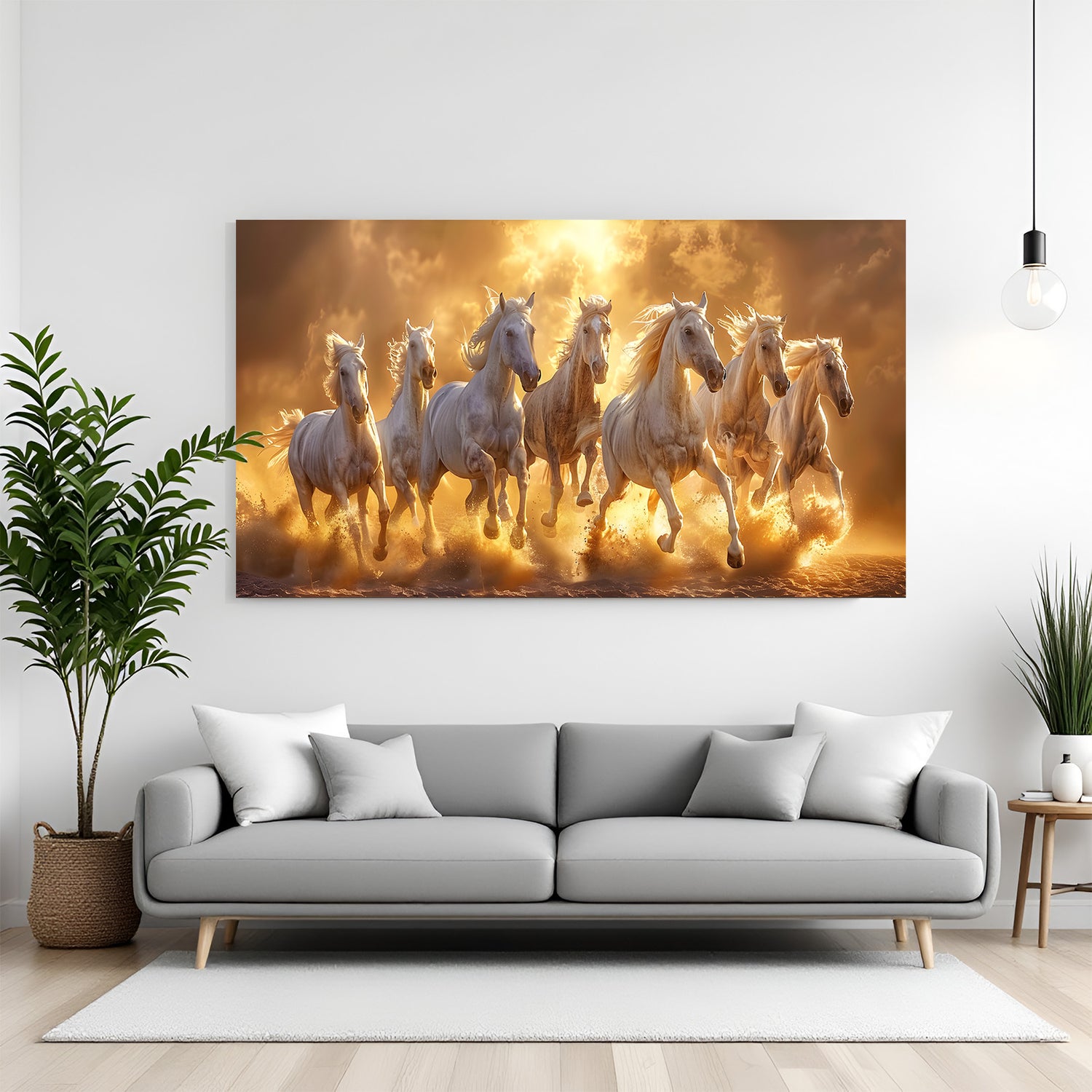 Seven white running horses canvas wrap wall art with golden sunset background for living room decor in India