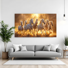 Seven white running horses canvas wrap wall art with golden sunset background for living room decor in India