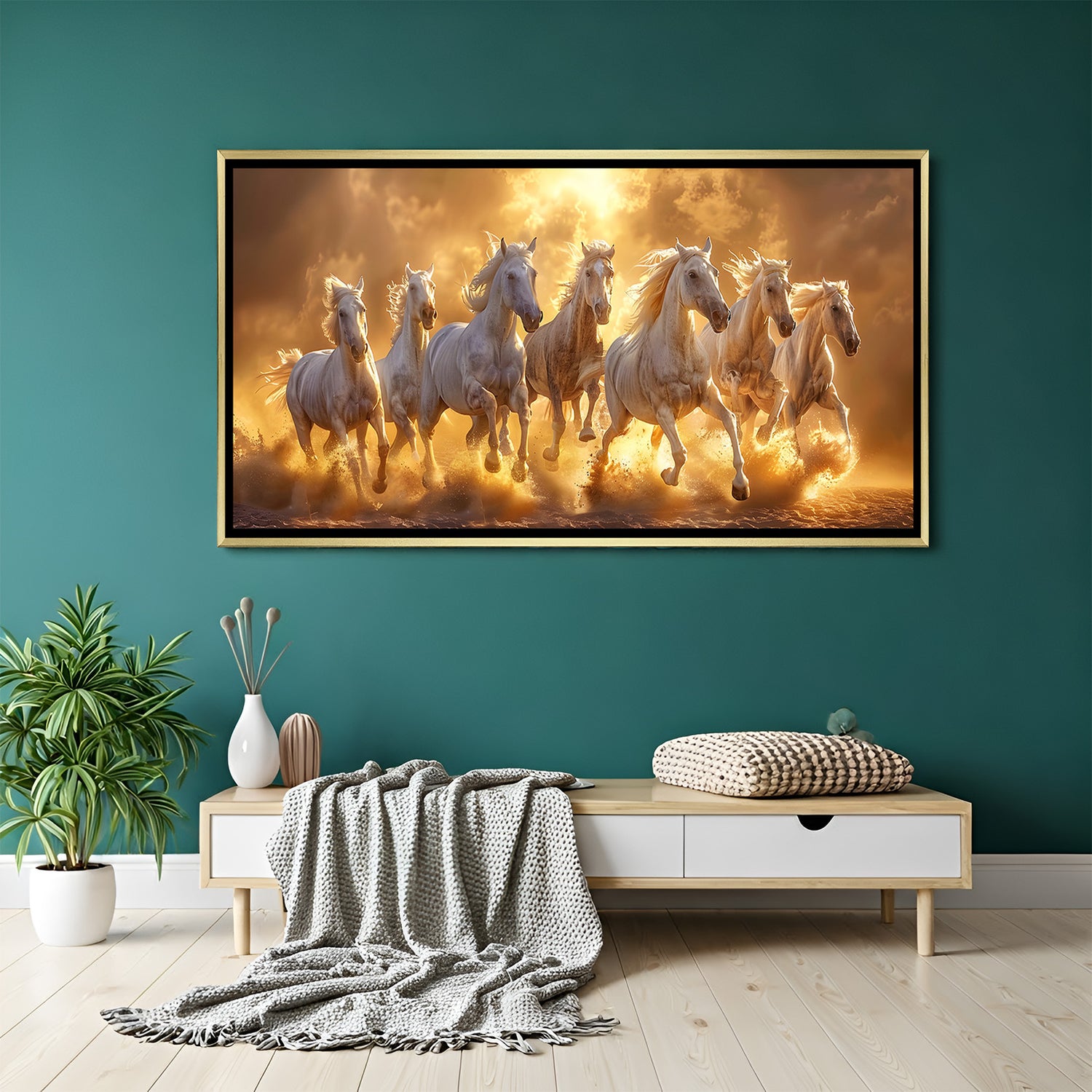 Seven white running horses canvas wall art in golden floater frame with sunset background luxury home decor India