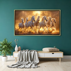 Seven white running horses canvas wall art in golden floater frame with sunset background luxury home decor India
