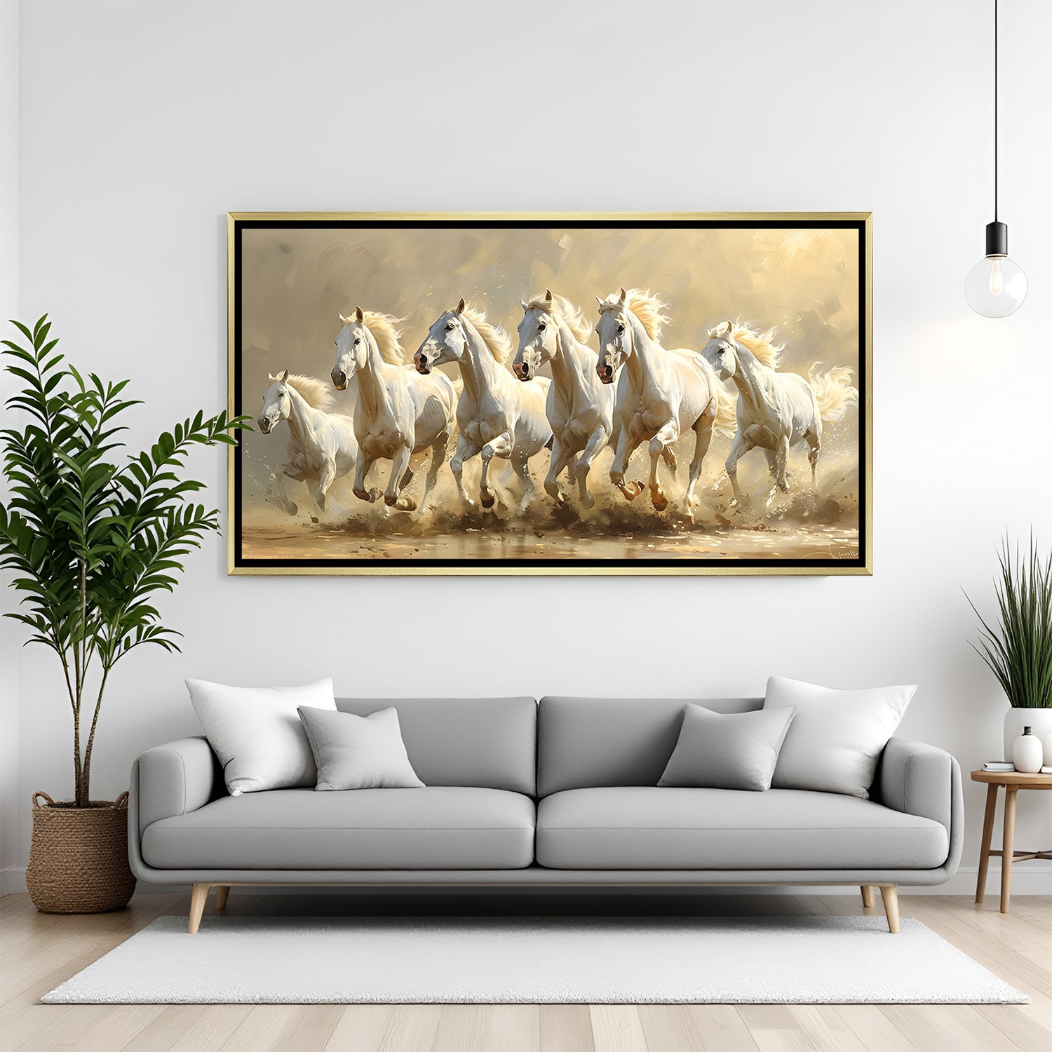 Seven white running horses canvas wall art in golden floater frame luxury Vastu decor for living room India