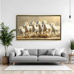 Seven white running horses canvas wall art in golden floater frame luxury Vastu decor for living room India