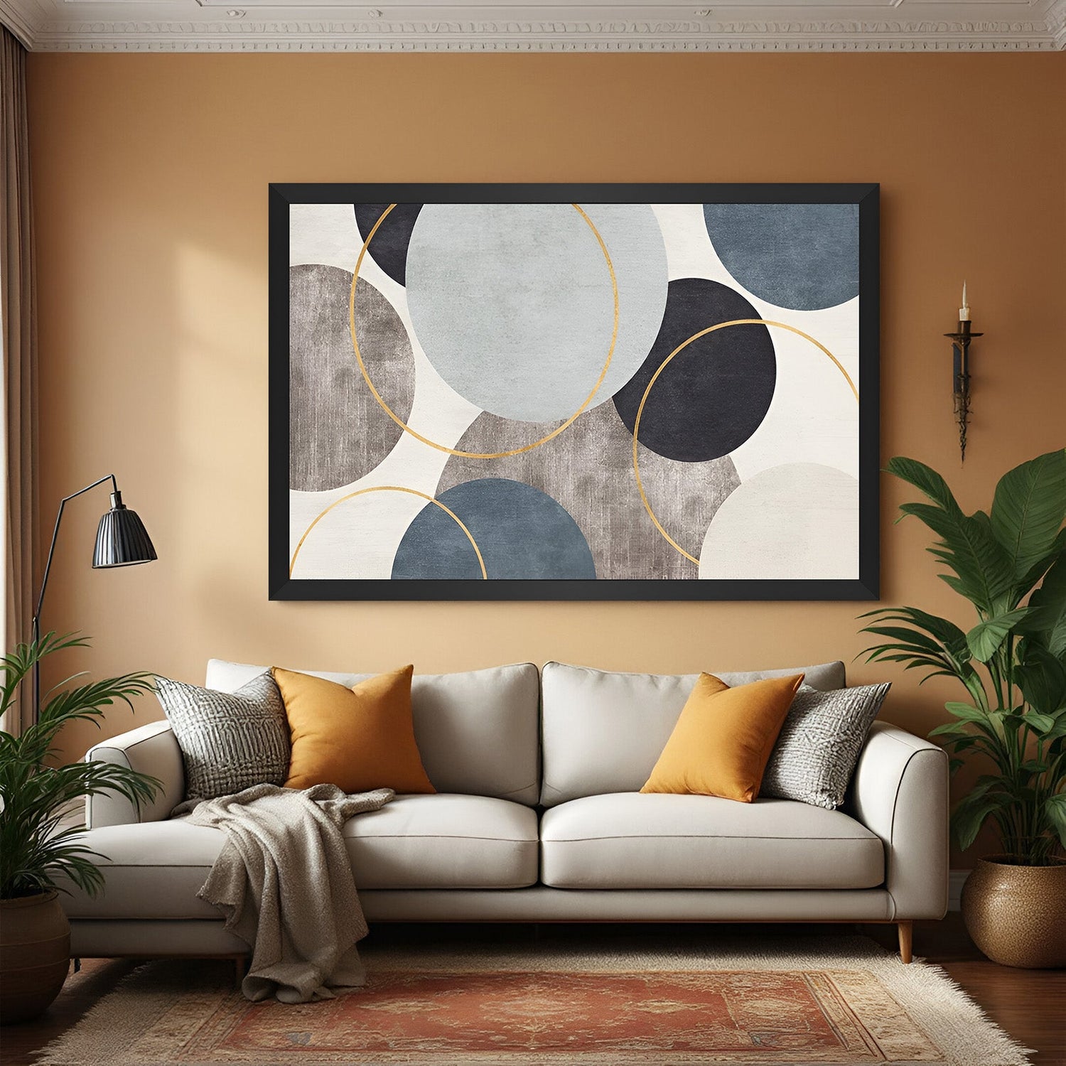 Black frame abstract canvas featuring shaded circles and artistic rings – sleek geometric wall art for modern decor
