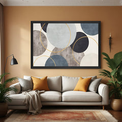 Black frame abstract canvas featuring shaded circles and artistic rings – sleek geometric wall art for modern decor