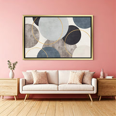 Golden frame abstract art print with shaded rings and circles – elegant canvas for stylish wall decor