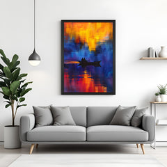 Black frame canvas print of an abstract evening scene with boat and figures – dark river artwork for peaceful and creative spaces