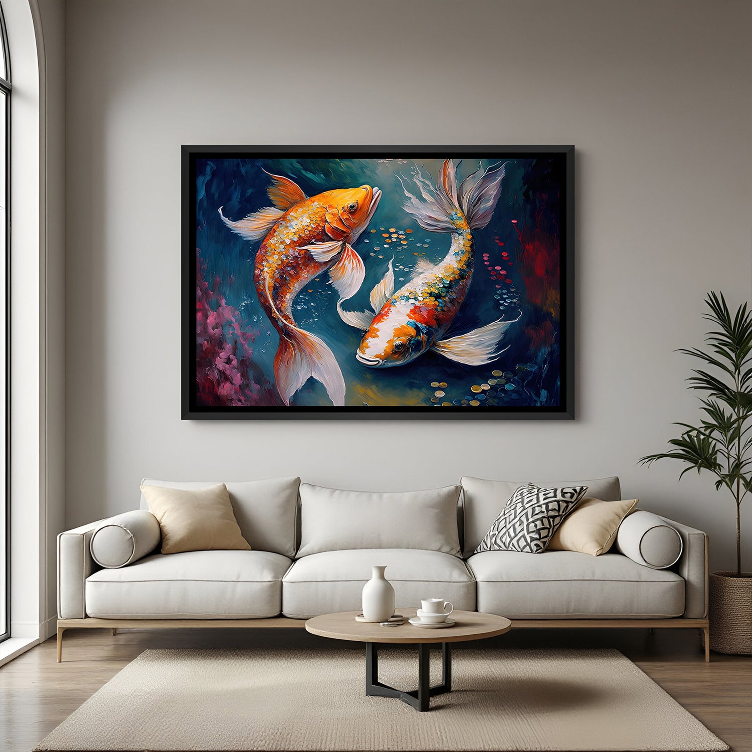 Colorful twin koi fish wall art with textured dark background in elegant black floater frame