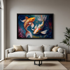 Colorful twin koi fish wall art with textured dark background in elegant black floater frame