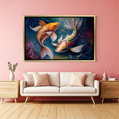 Shadow Current Twin Koi artwork in luxury golden floater frame featuring vibrant fish and dramatic backdrop