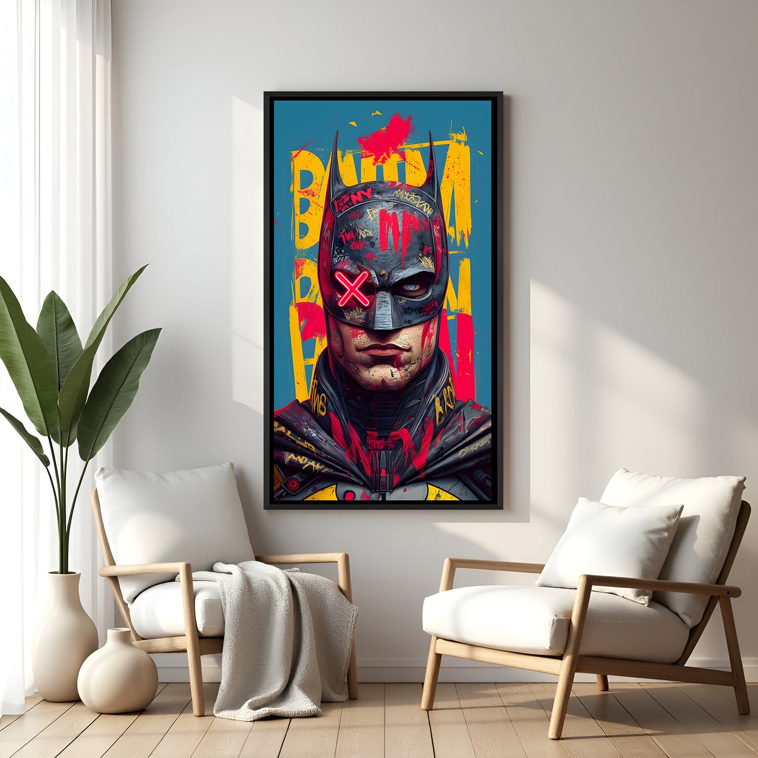 Batman face artwork in elegant black floater frame featuring intense close-up superhero portrait