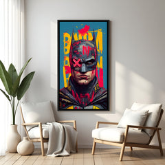 Batman face artwork in elegant black floater frame featuring intense close-up superhero portrait