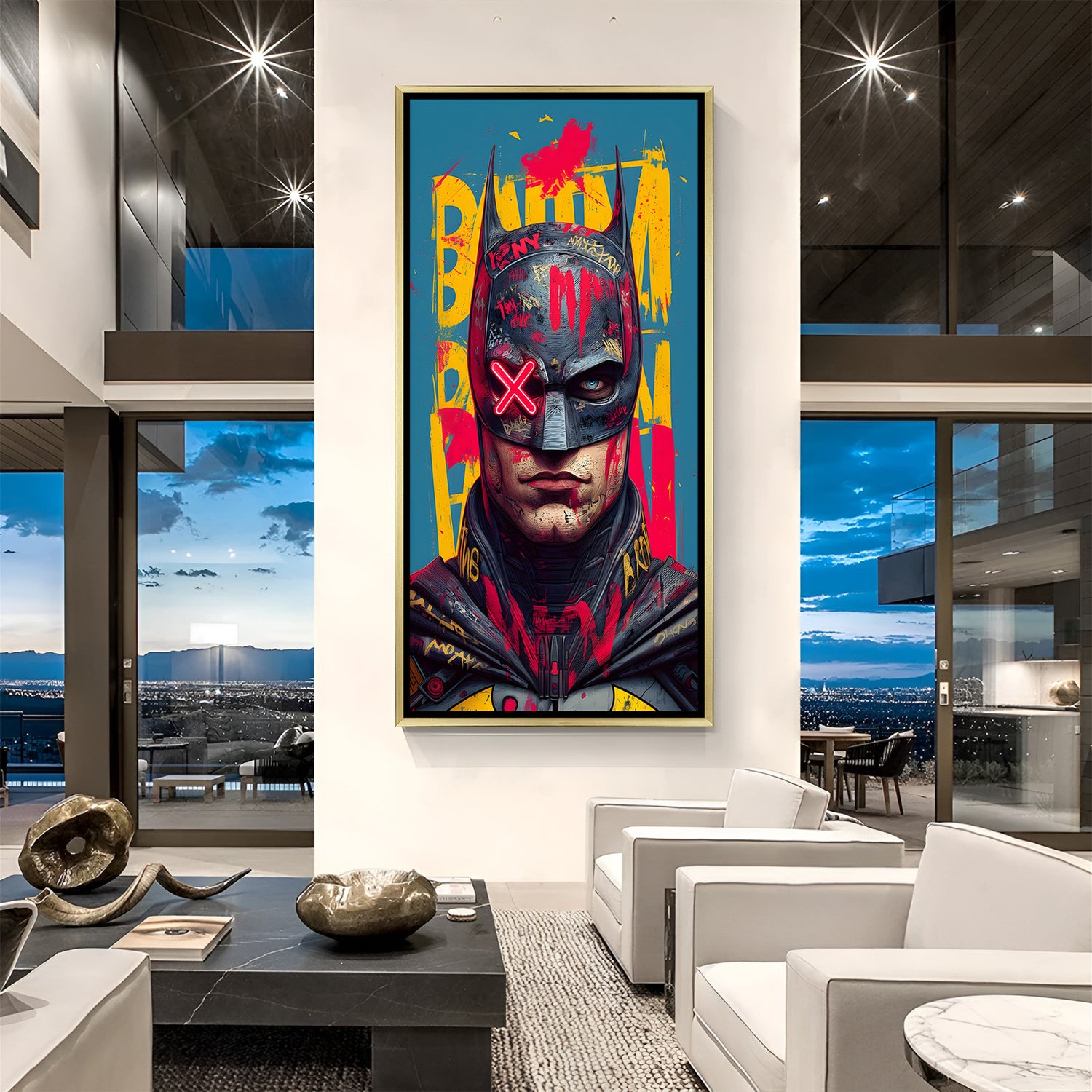 Luxury Batman portrait canvas artwork in golden floater frame with cinematic superhero aesthetic