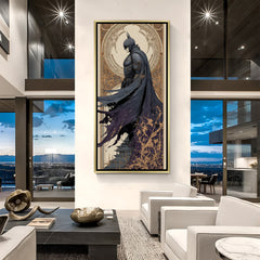 Luxury Batman side pose canvas artwork in golden floater frame with modern artistic superhero styling