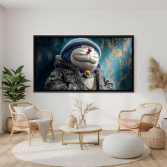 Doraemon badass cartoon artwork in elegant black floater frame with edgy contemporary styling