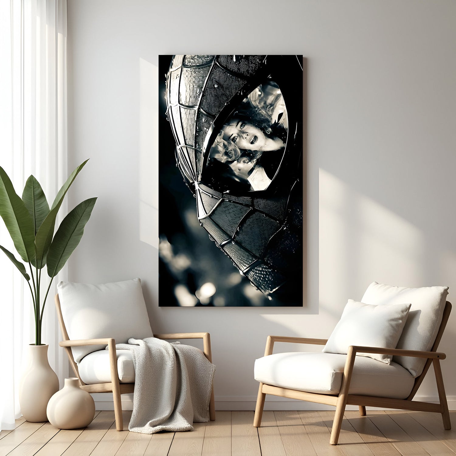 Shadowed Spider Love anime canvas wall art with black masked hero and Gwen Stacy reflection in eyes