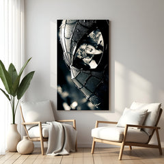 Shadowed Spider Love anime canvas wall art with black masked hero and Gwen Stacy reflection in eyes