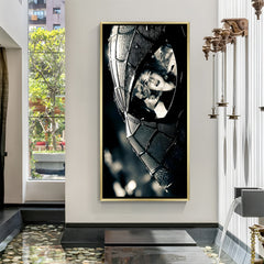 Shadowed Spider Love anime artwork in golden floater frame featuring Gwen Stacy reflection and black masked hero
