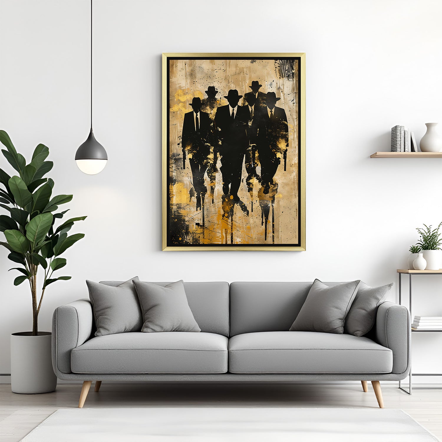 Modern art canvas print of syndicate silhouettes in gold floater frame, perfect for contemporary decor with a dark twist