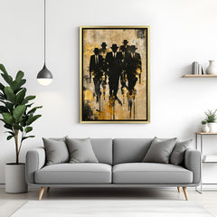 Modern art canvas print of syndicate silhouettes in gold floater frame, perfect for contemporary decor with a dark twist