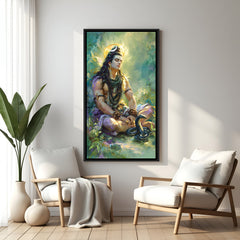 Peaceful Mahadev meditation artwork in elegant black floater frame for spiritual interiors