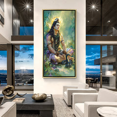 Serene Lord Shiva meditation canvas painting in luxurious golden floater frame
