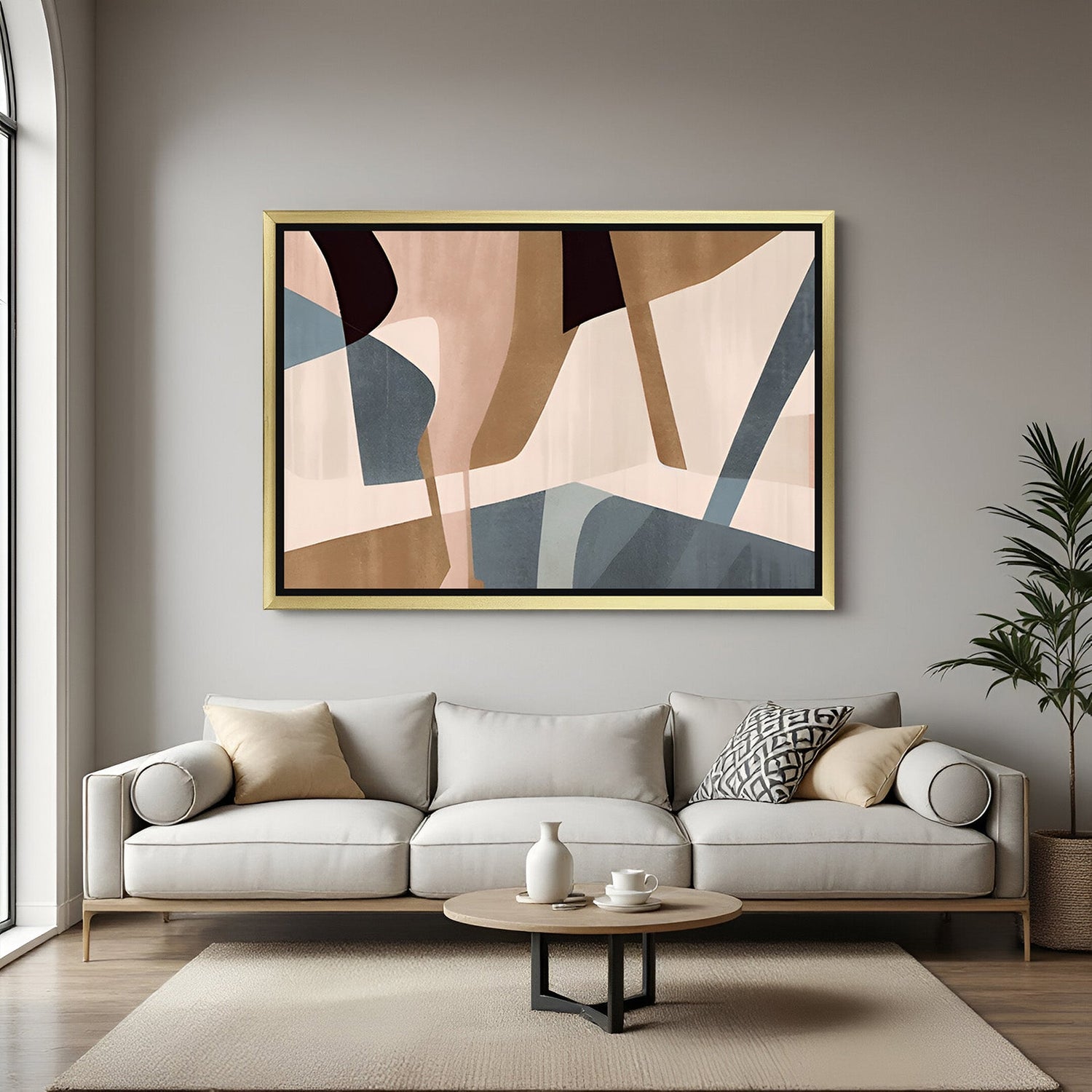 Golden frame colorful abstract canvas featuring unique shapes and painted textures – modern wall art piece