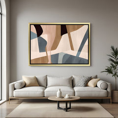 Golden frame colorful abstract canvas featuring unique shapes and painted textures – modern wall art piece