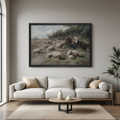 Black-framed canvas of shepherd couple with flock—rural vintage art for farmhouse or nature-inspired decor