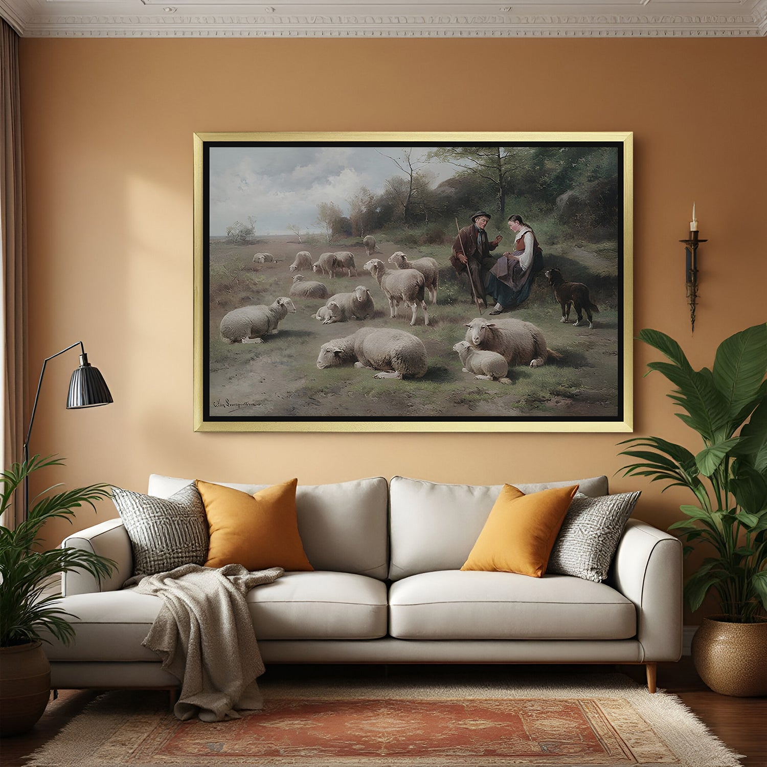 Golden-framed canvas print of countryside life—vintage wall decor featuring sheep, shepherd, and pastoral peace