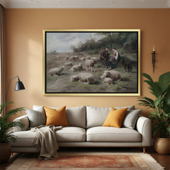 Golden-framed canvas print of countryside life—vintage wall decor featuring sheep, shepherd, and pastoral peace