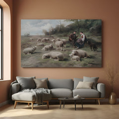 Vintage canvas wall art of shepherd with wife and sheep—ancient countryside scene with rustic storytelling charm
