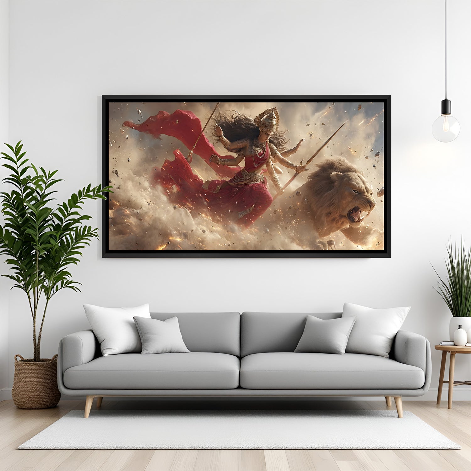 Goddess Durga Sherawali Maa attacking pose canvas artwork in elegant black floater frame for spiritual interiors