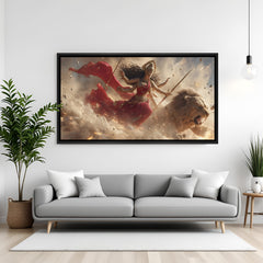 Goddess Durga Sherawali Maa attacking pose canvas artwork in elegant black floater frame for spiritual interiors