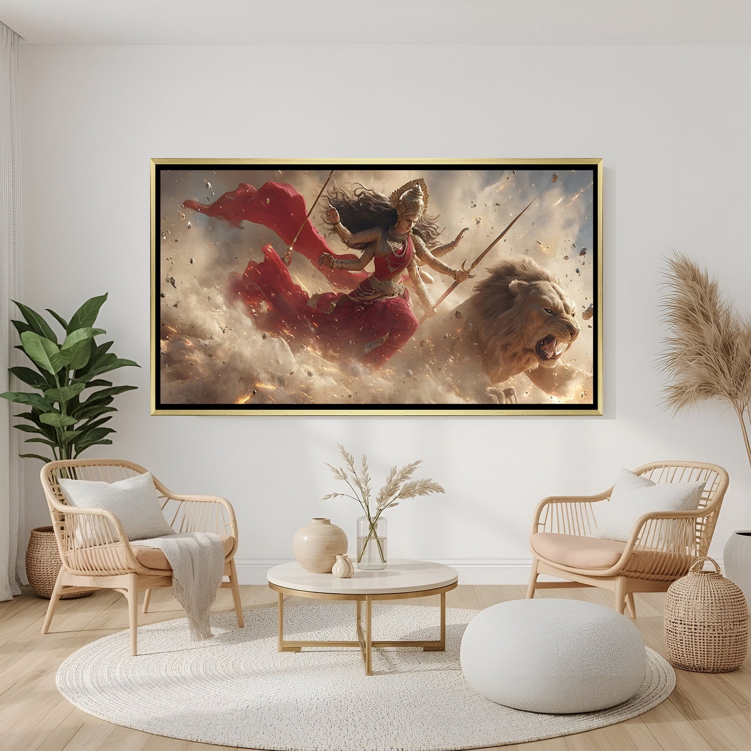 Divine Sherawali Maa on lion canvas painting in luxury golden floater frame with powerful spiritual design