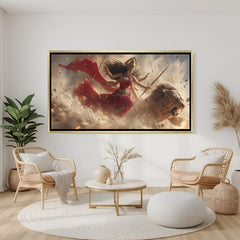 Divine Sherawali Maa on lion canvas painting in luxury golden floater frame with powerful spiritual design