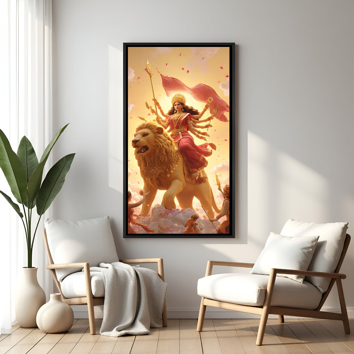 Sherawali Maa divine wall painting in elegant black floater frame with majestic lion