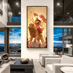 Sherawali Maa luxury spiritual artwork in golden floater frame with glowing divine background